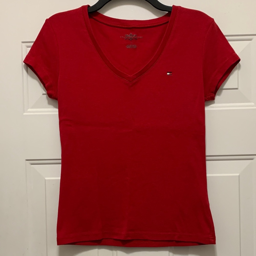 Tommy Hilfiger 100% Cotton Scarlet Red V-Neck Tee - Size Medium